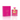 A pink Valencia Pink perfume bottle by MILESTONE is adorned with gold accents and sits beside its matching box with a textured diamond pattern. Subtle Sour Cherry notes enhance the luxurious allure of this exquisite fragrance duo.
